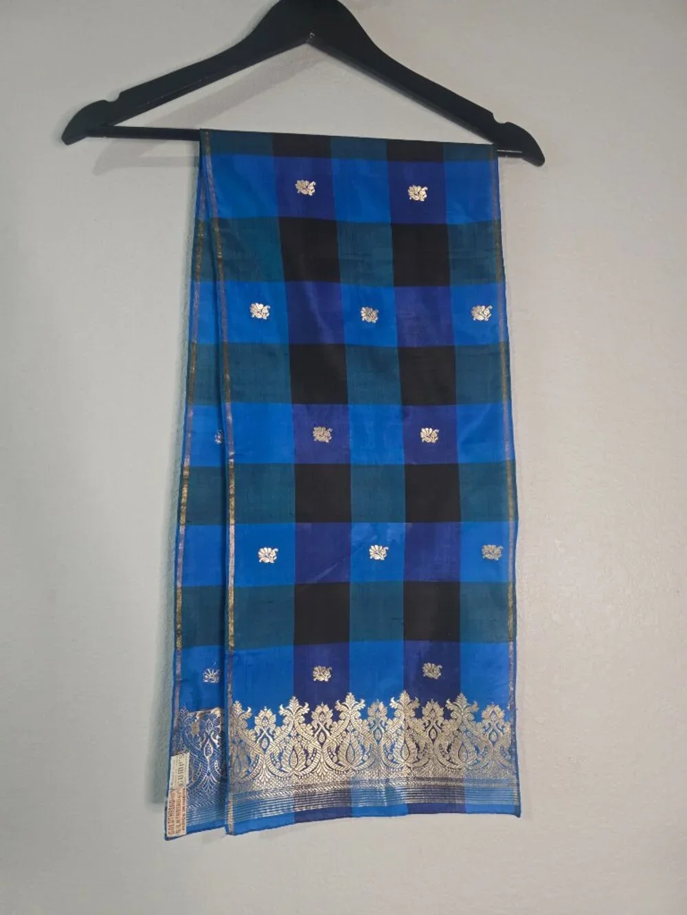 Vintage Gump's San Francisco Blue Silk Gold Thread Indian Wrap Scarf